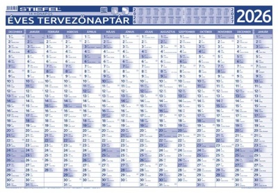 Éves tervező és projekt naptár, kétoldalas, fémléces, kék színű filctollal, 70x100 cm, 2026 évi, STIEFEL